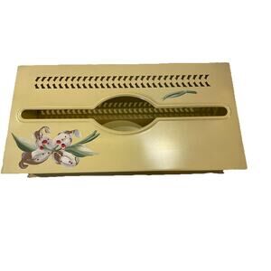 Vintage Metal Tissue Box Holder Cover Yellow With Flower Grecian Key Cut Out
